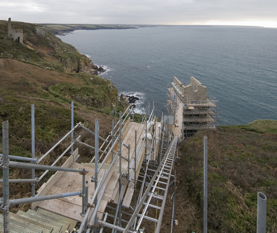 The western engine house at Wheal Trewavas undergoing conservation
